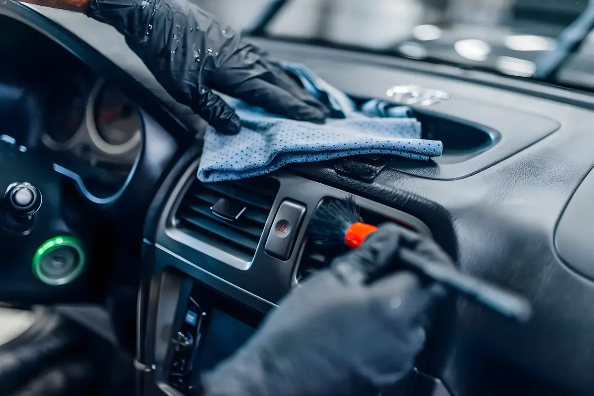 Technician cleaning air vents and dashboard with a detailing brush and microfibre cloth