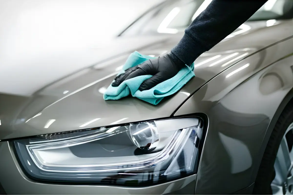Gloved hands spraying and buffing a blue car panel during Car Ninza detailing and polish
