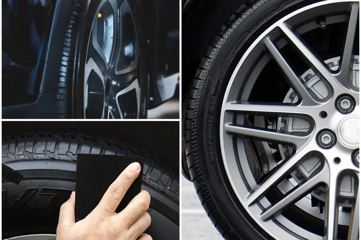 Alloy rim and tyre being dressed to a deep black eco-shine finish