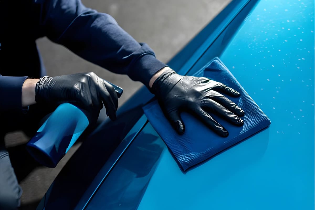 Gloved hand wiping a car bonnet with premium microfibre during a Car Ninza waterless exterior wash